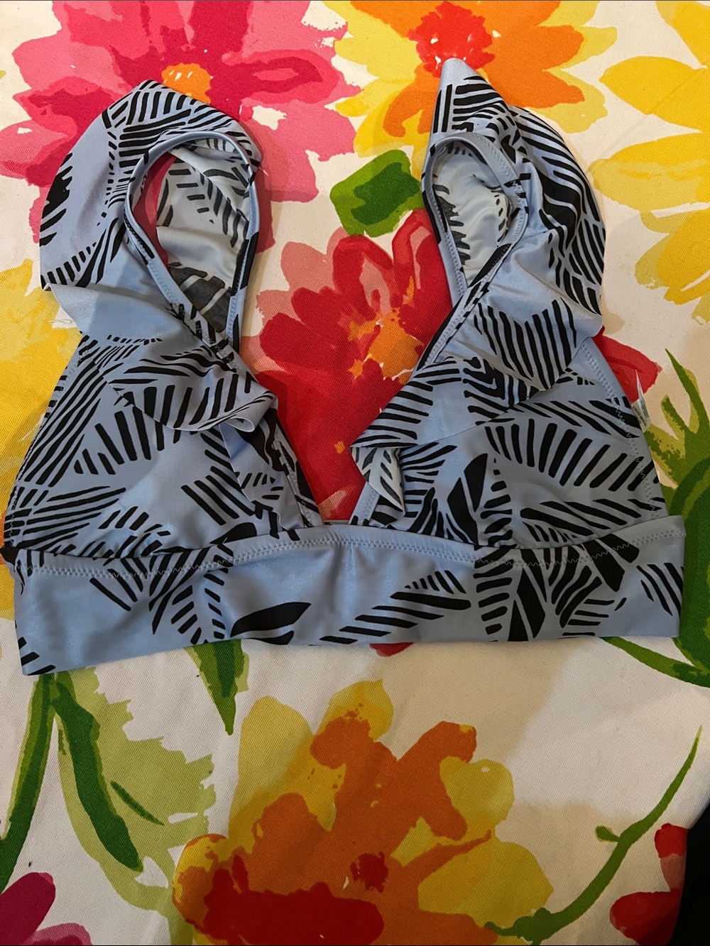 aerie Light Blue Bikini Top with Black Tropical Stripe